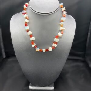 African Bead Stone Necklace 18” Brown White Brass